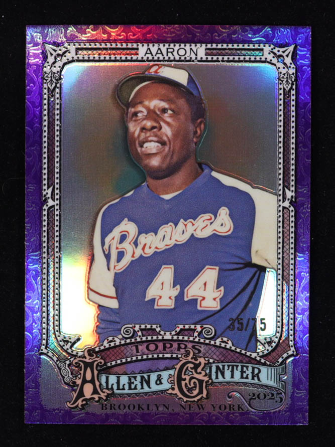 Hank Aaron 2025 Topps Allen and Ginter Chrome Purple Refractors #13 #35/75 at PristineAuction.com Hank Aaron 2025 Topps Allen and Ginter Chrome Purple Refractors #13 #35/75 at PristineAuction.com