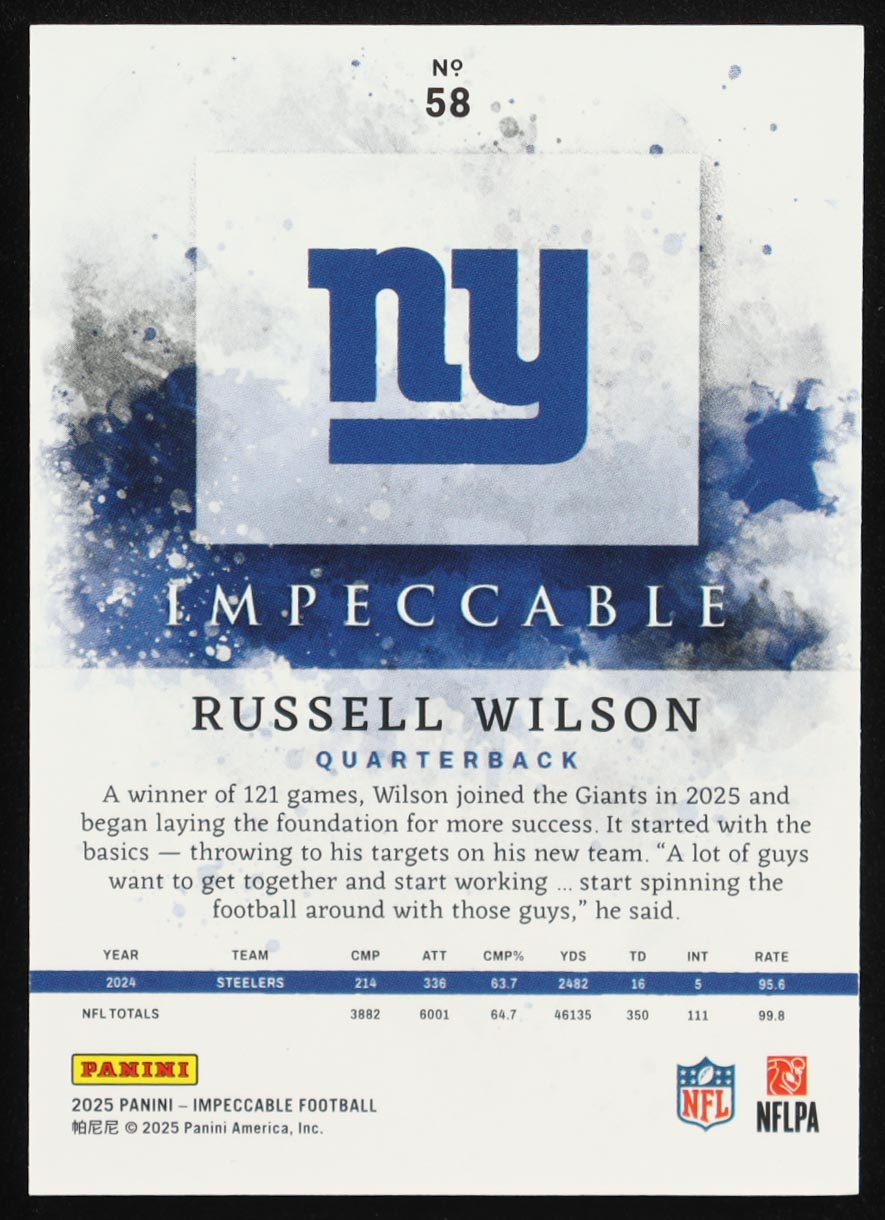 Russell Wilson 2025 Panini Impeccable Silver #58 #11/60 at PristineAuction.com Russell Wilson 2025 Panini Impeccable Silver #58 #11/60 at PristineAuction.com