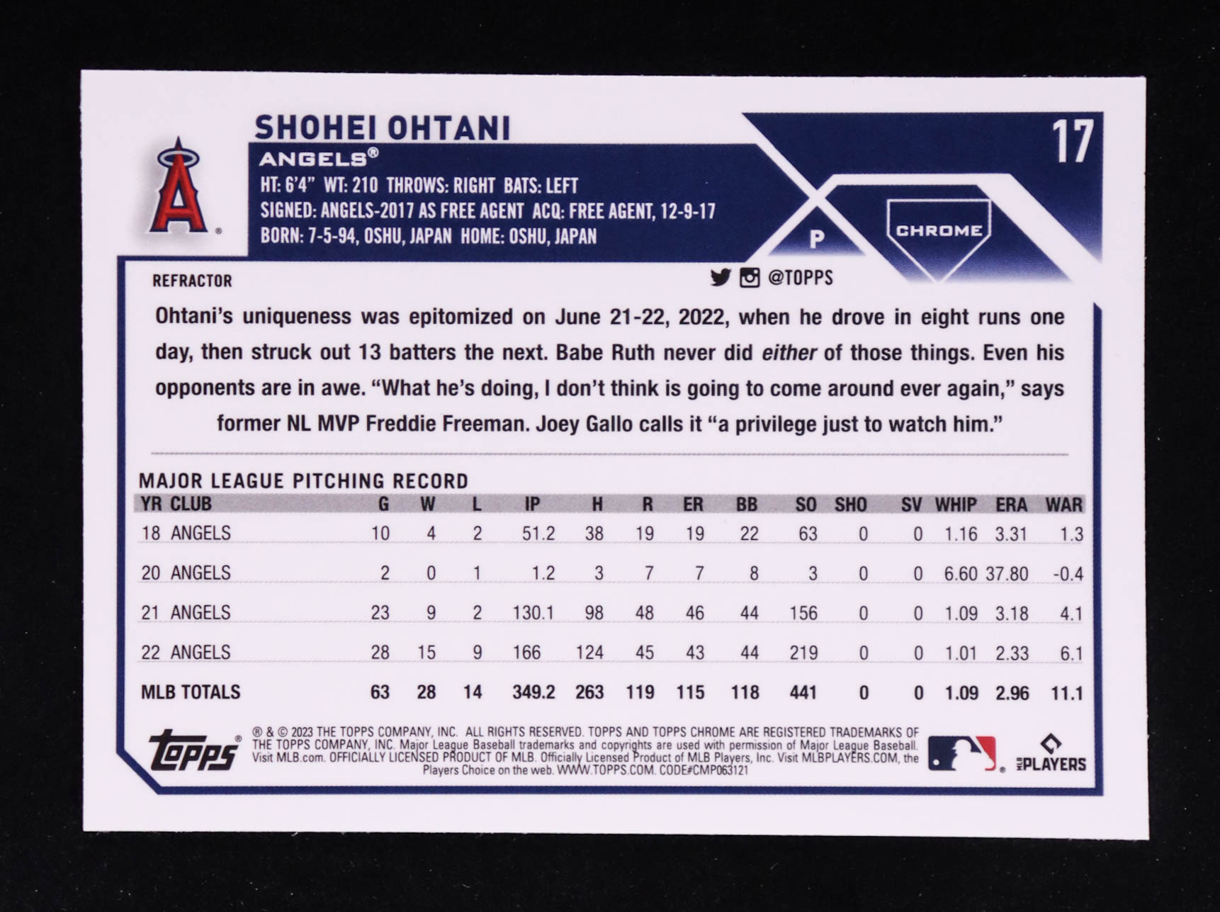 Shohei Ohtani 2023 Topps Chrome Refractors #17 at PristineAuction.com Shohei Ohtani 2023 Topps Chrome Refractors #17 at PristineAuction.com