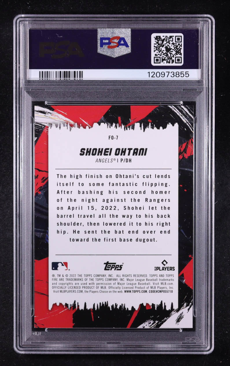 Shohei Ohtani 2022 Topps Fire Flippin' Out Gold Minted #FO7 (PSA 9) at PristineAuction.com Shohei Ohtani 2022 Topps Fire Flippin' Out Gold Minted #FO7 (PSA 9) at PristineAuction.com