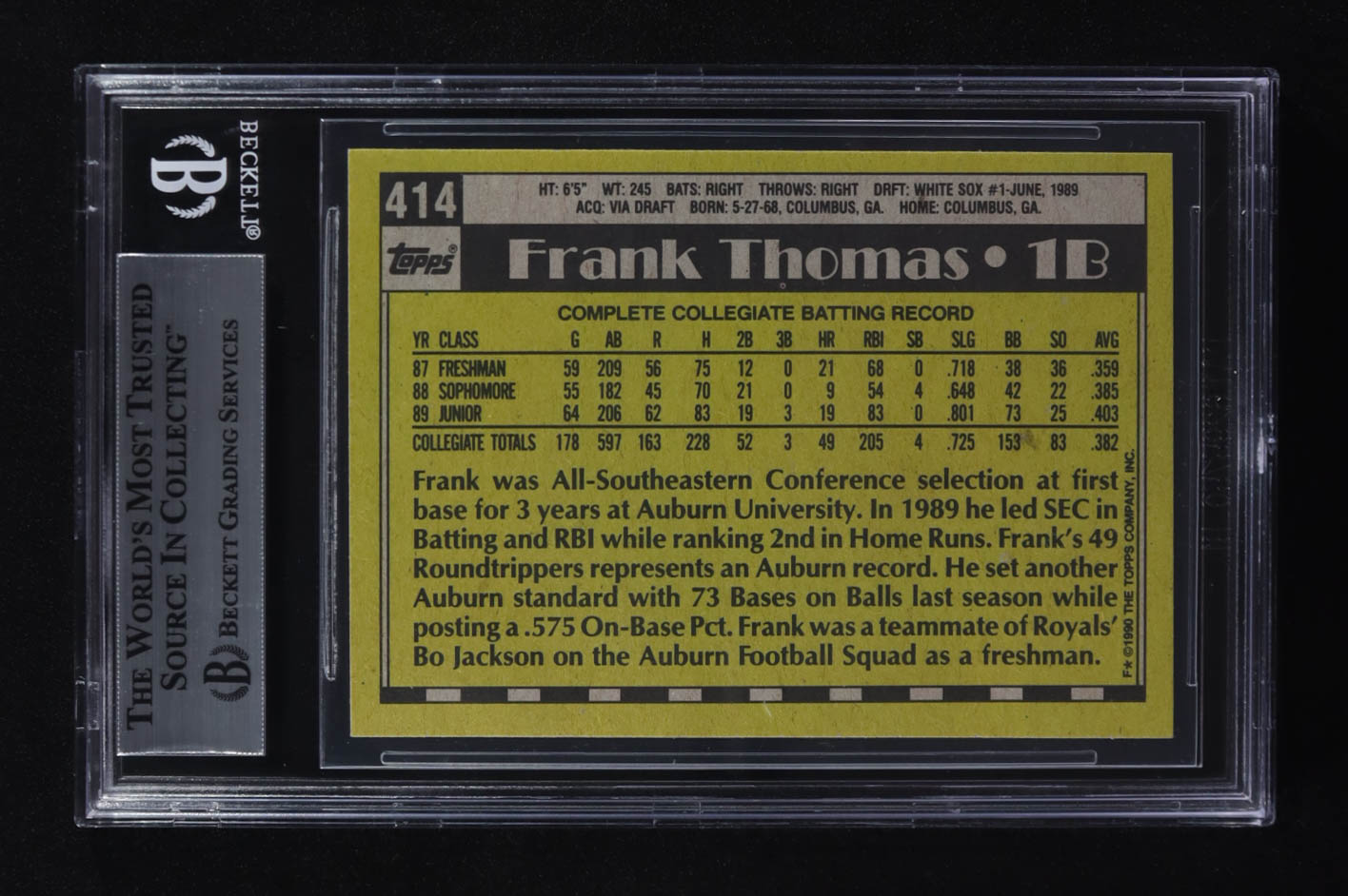 Frank Thomas Signed 1990 Topps #414 RC Inscribed "HOF 2014" (BGS Encapsulated) at PristineAuction.com Frank Thomas Signed 1990 Topps #414 RC Inscribed "HOF 2014" (BGS Encapsulated) at PristineAuction.com