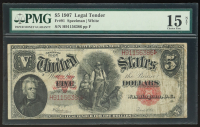 1907 United States Legal Tender $5 Five Note (PMG 15) at PristineAuction.com