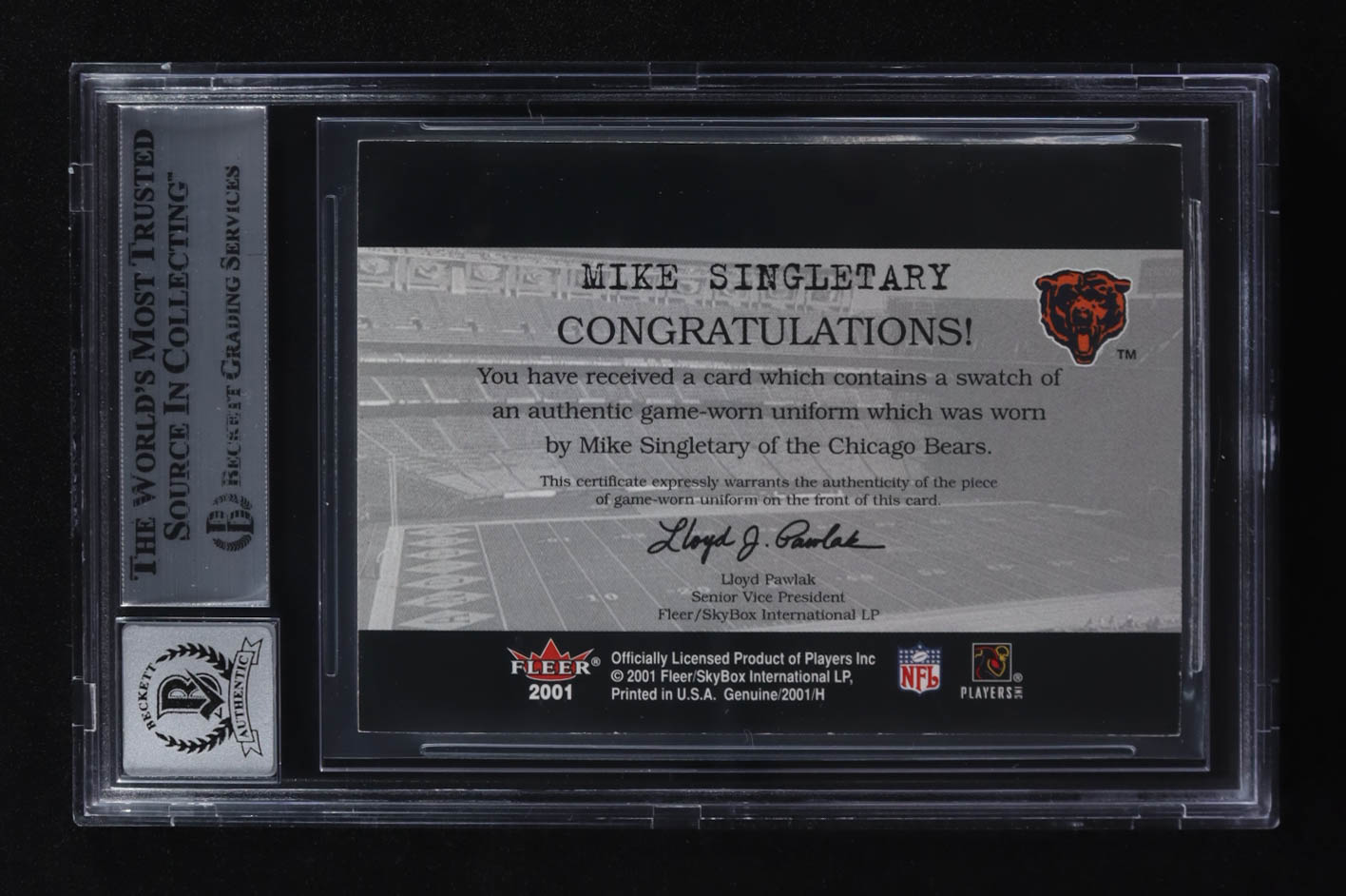Mike Singletary Signed 2001 Fleer Genuine Final Cut Jerseys #21 (BGS Encapsulated) at PristineAuction.com Mike Singletary Signed 2001 Fleer Genuine Final Cut Jerseys #21 (BGS Encapsulated) at PristineAuction.com