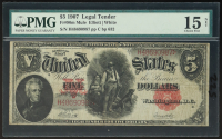 1907 United States Legal Tender $5 Five Note (PMG 15) at PristineAuction.com