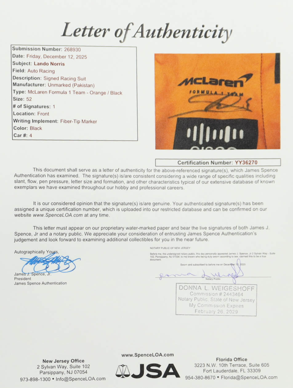Lando Norris Signed McLaren Full-Size Racing Suit (JSA) at PristineAuction.com Lando Norris Signed McLaren Full-Size Racing Suit (JSA) at PristineAuction.com
