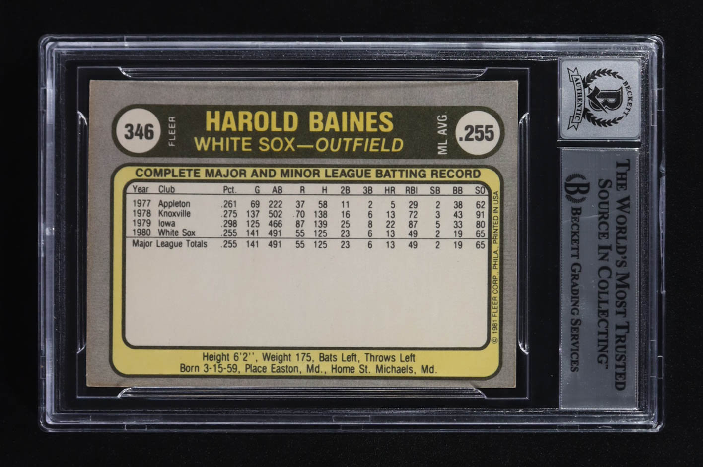 Harold Baines Signed 1981 Fleer #346 RC Inscribed "HOF 2015" (BGS Encapsulated) at PristineAuction.com Harold Baines Signed 1981 Fleer #346 RC Inscribed "HOF 2015" (BGS Encapsulated) at PristineAuction.com