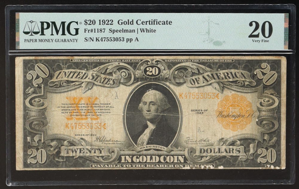 1922 $20 Twenty Dollars Gold Certificate (PMG Very Fine 20) at PristineAuction.com 1922 $20 Twenty Dollars Gold Certificate (PMG Very Fine 20) at PristineAuction.com