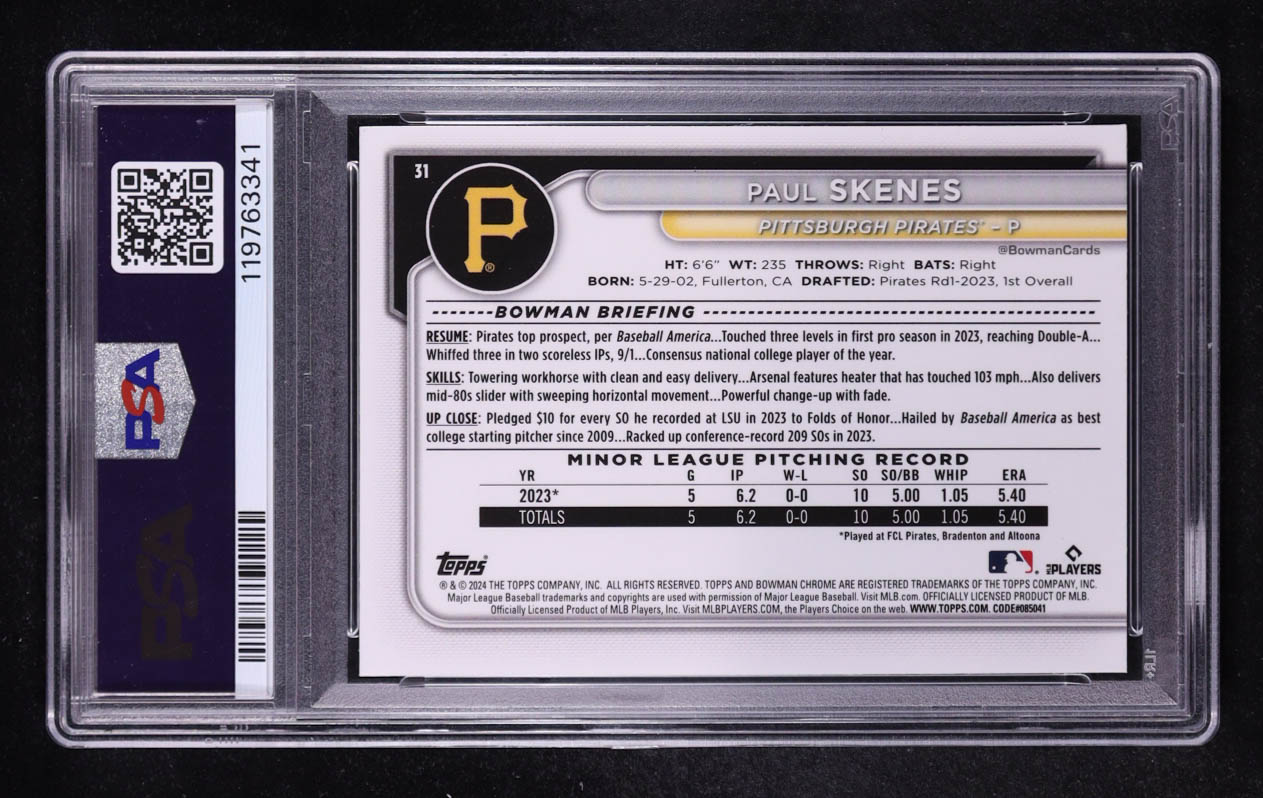 Paul Skenes 2024 Bowman Chrome #31 RC (PSA 9) at PristineAuction.com Paul Skenes 2024 Bowman Chrome #31 RC (PSA 9) at PristineAuction.com