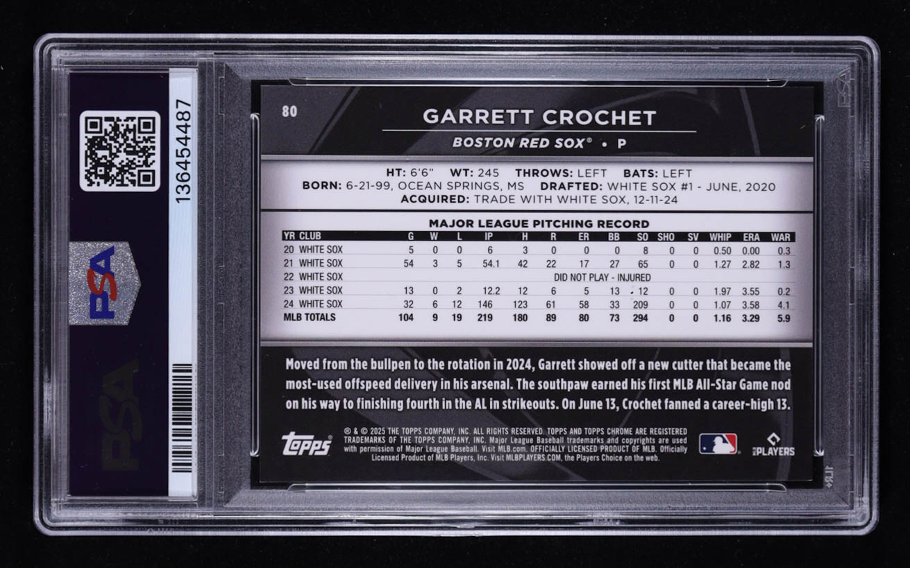 Garrett Crochet 2025 Topps Chrome Black Gold Mini-Diamond Refractors #80 #01/50 (PSA 9) at PristineAuction.com Garrett Crochet 2025 Topps Chrome Black Gold Mini-Diamond Refractors #80 #01/50 (PSA 9) at PristineAuction.com