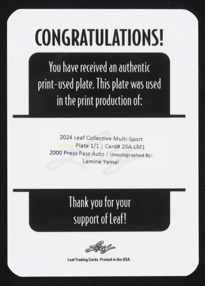 Lamine Yamal 2024 Leaf Collective Printing Plate Yellow #20ALM1 #1/1 at PristineAuction.com Lamine Yamal 2024 Leaf Collective Printing Plate Yellow #20ALM1 #1/1 at PristineAuction.com