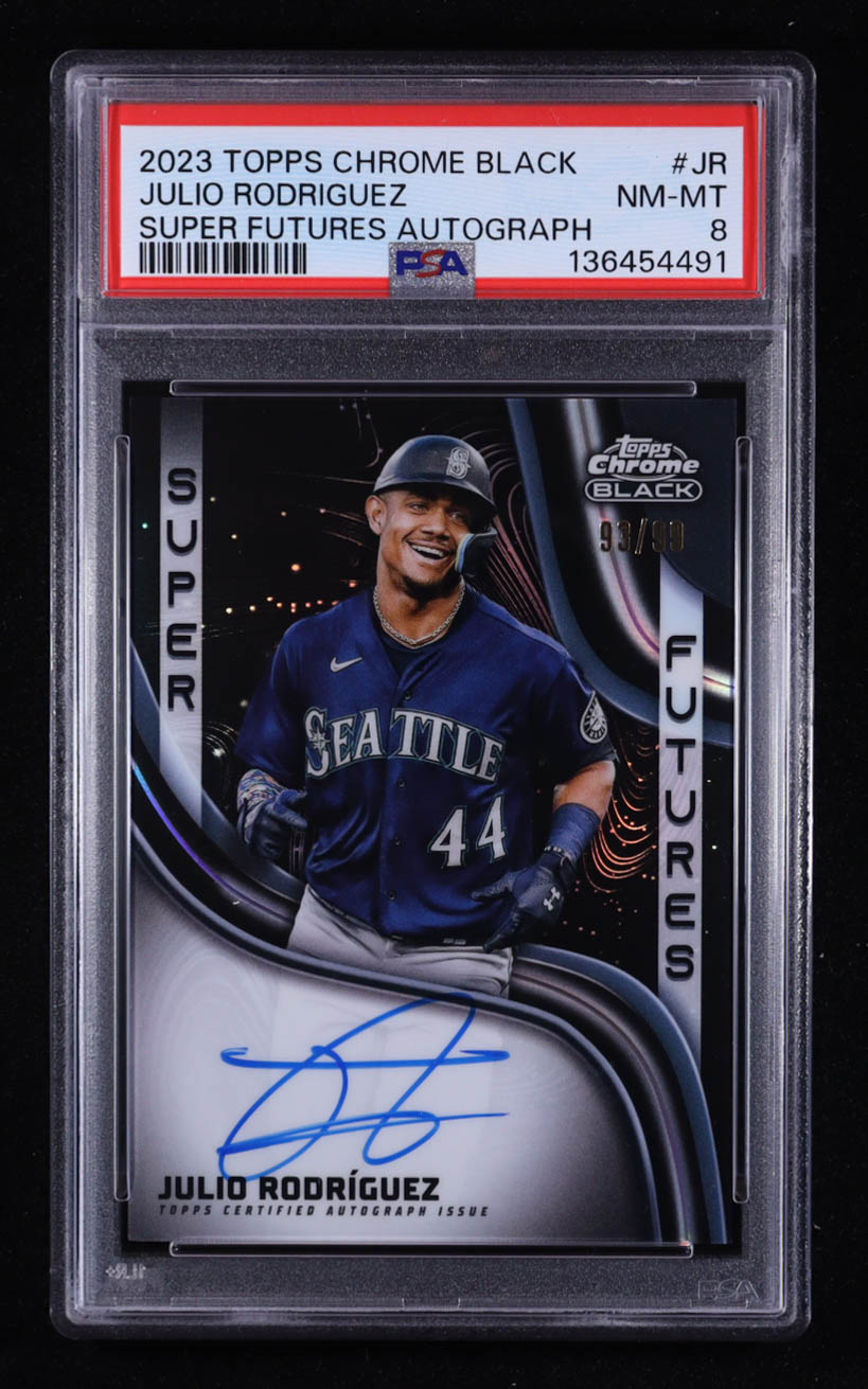 Julio Rodriguez 2023 Topps Chrome Black Super Futures Autographs #SFAJR #93/99 (PSA 8) at PristineAuction.com Julio Rodriguez 2023 Topps Chrome Black Super Futures Autographs #SFAJR #93/99 (PSA 8) at PristineAuction.com