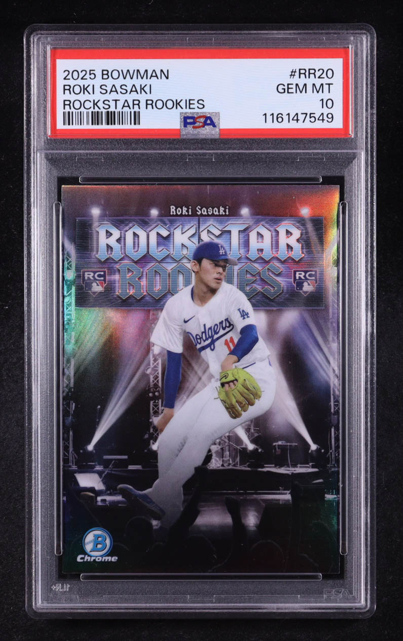Roki Sasaki 2025 Bowman Chrome Rockstar Rookies #RR20 RC (PSA 10) at PristineAuction.com Roki Sasaki 2025 Bowman Chrome Rockstar Rookies #RR20 RC (PSA 10) at PristineAuction.com