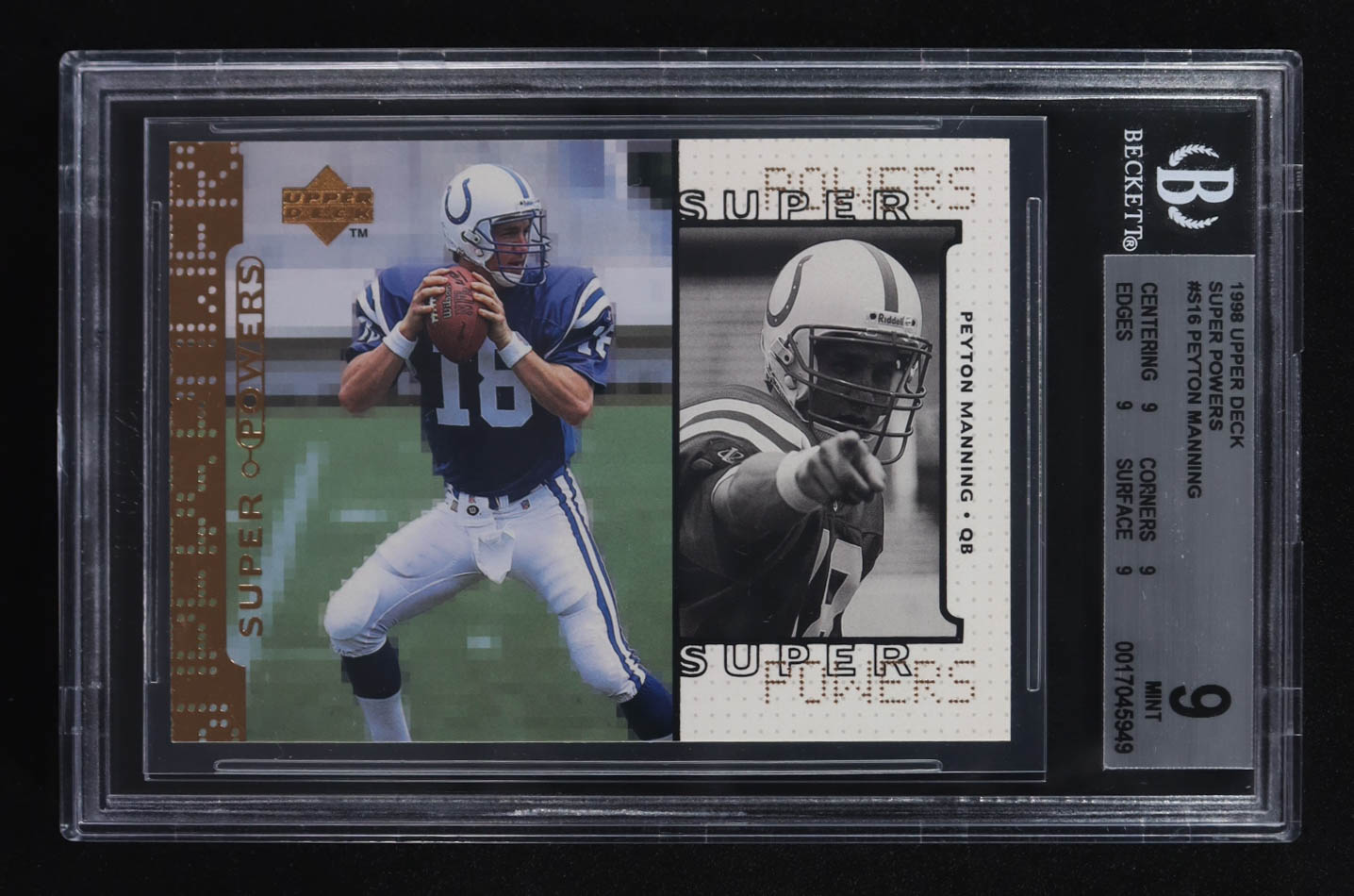 Peyton Manning 1998 Upper Deck Super Powers #S-16 RC (BGS 9) at PristineAuction.com Peyton Manning 1998 Upper Deck Super Powers #S-16 RC (BGS 9) at PristineAuction.com