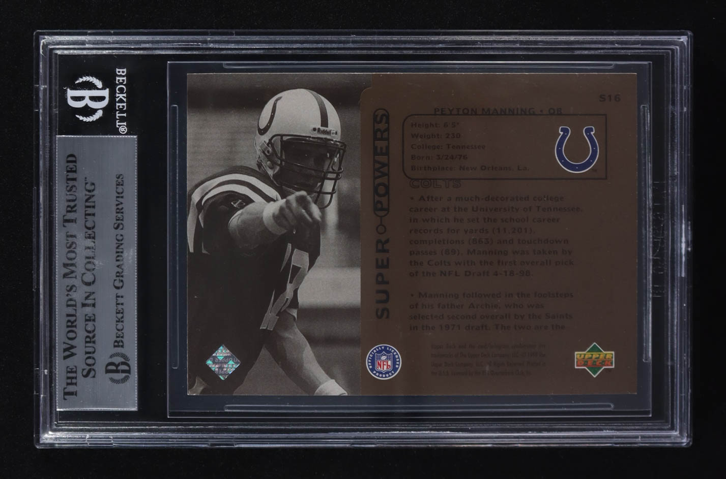 Peyton Manning 1998 Upper Deck Super Powers #S-16 RC (BGS 9) at PristineAuction.com Peyton Manning 1998 Upper Deck Super Powers #S-16 RC (BGS 9) at PristineAuction.com