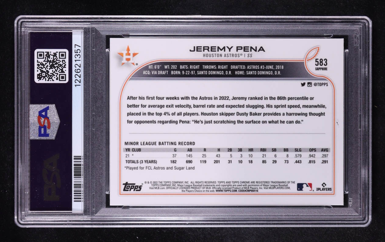 Jeremy Pena 2022 Topps Chrome Sapphire #583 RC (PSA 10) at PristineAuction.com Jeremy Pena 2022 Topps Chrome Sapphire #583 RC (PSA 10) at PristineAuction.com