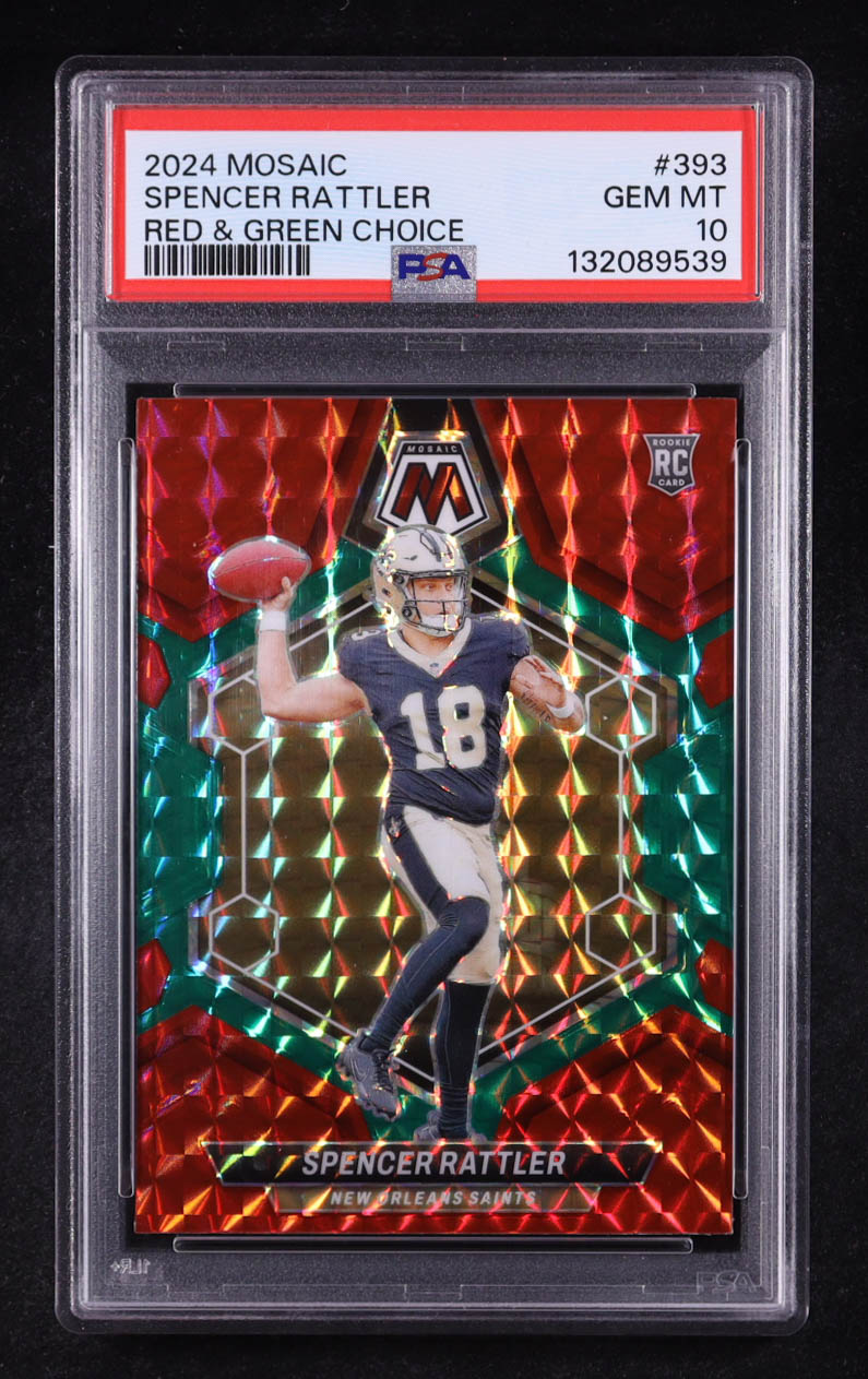 Spencer Rattler 2024 Panini Mosaic Mosaic Choice Red and Green #393 RC (PSA 10) at PristineAuction.com Spencer Rattler 2024 Panini Mosaic Mosaic Choice Red and Green #393 RC (PSA 10) at PristineAuction.com