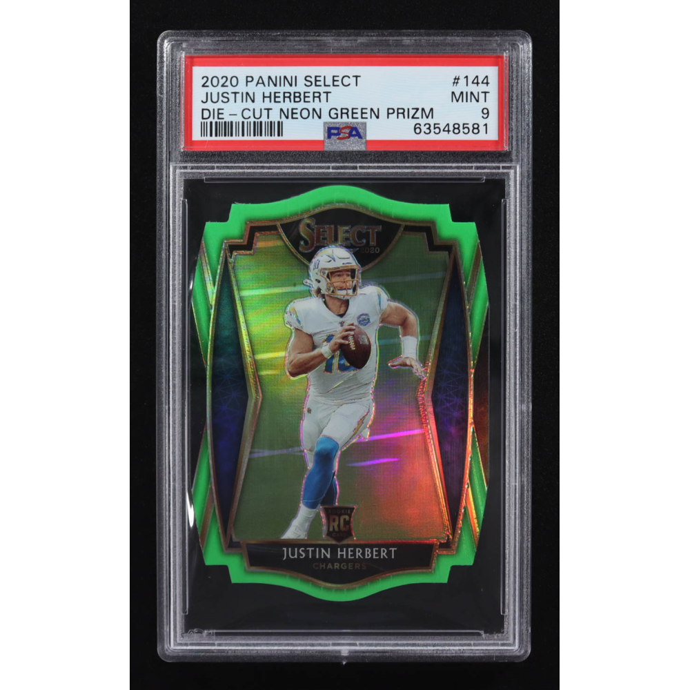 Justin Herbert 2020 Panini Select Die-Cut Neon Green Prizm #144 RC (PSA 9) at PristineAuction.com