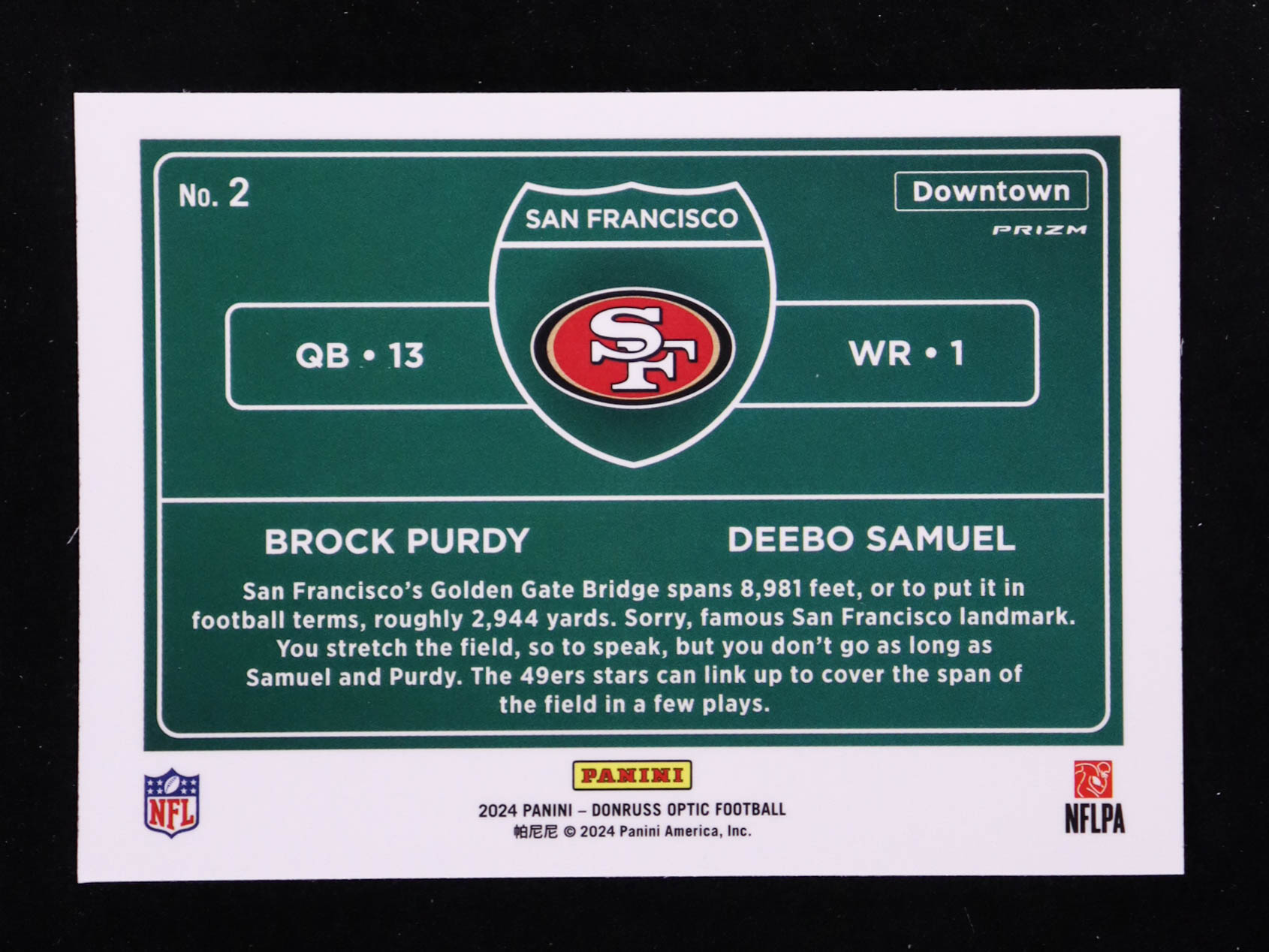 Brock Purdy / Deebo Samuel 2024 Donruss Optic Downtown Duos #2 at PristineAuction.com Brock Purdy / Deebo Samuel 2024 Donruss Optic Downtown Duos #2 at PristineAuction.com