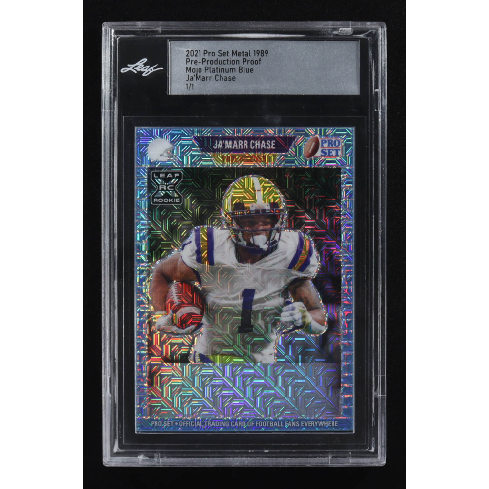 Ja'Marr Chase 2021 Leaf Pro Set Metal 1989 Pre-Production Proof Mojo Platinum Blue RC #1/1 at PristineAuction.com