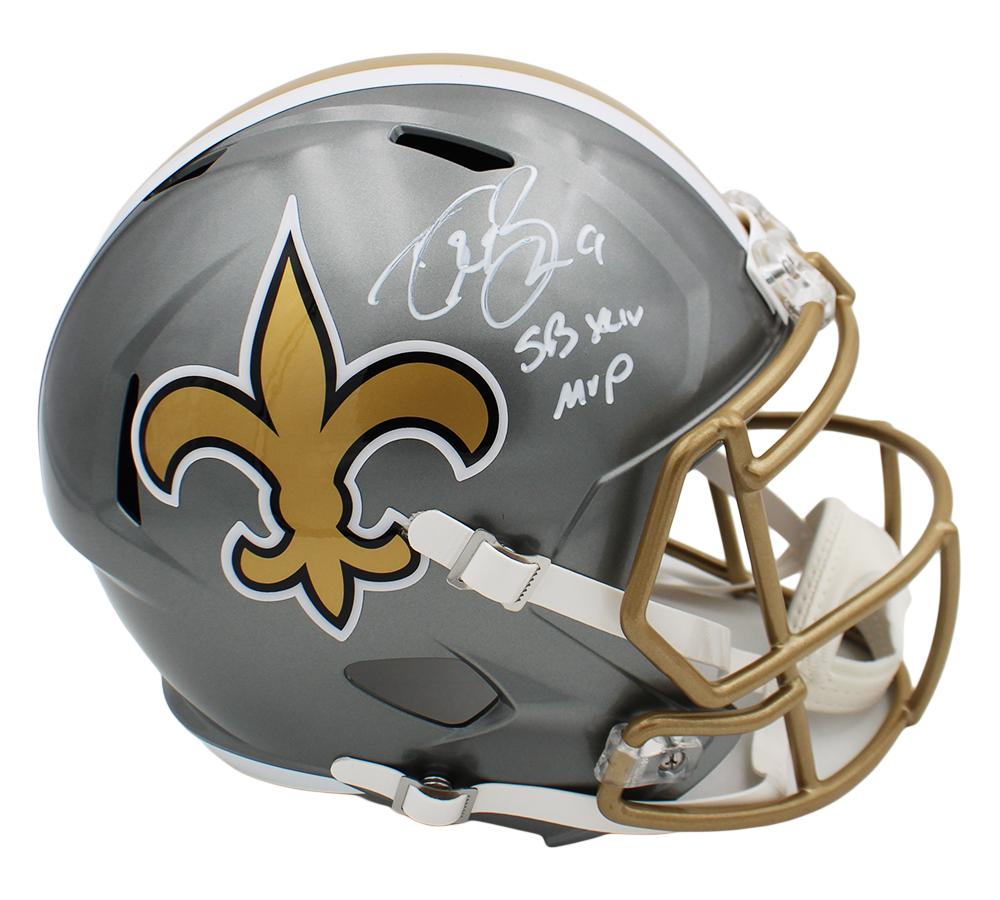 Drew Brees Signed Saints Full-Size Flash Alternate Speed Helmet Inscribed "SB XLIV MVP" (Beckett) at PristineAuction.com Drew Brees Signed Saints Full-Size Flash Alternate Speed Helmet Inscribed "SB XLIV MVP" (Beckett) at PristineAuction.com
