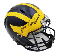 JJ McCarthy & Jim Harbaugh Signed Michigan Wolverines Full-Size Speed Helmet (Beckett & Fanatics) at PristineAuction.com