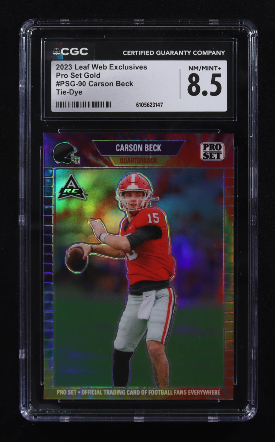 Carson Beck 2023 Leaf Web Exclusives Pro Set Tie-Die #PSG90 #3/5 (CGC 8.5) at PristineAuction.com Carson Beck 2023 Leaf Web Exclusives Pro Set Tie-Die #PSG90 #3/5 (CGC 8.5) at PristineAuction.com