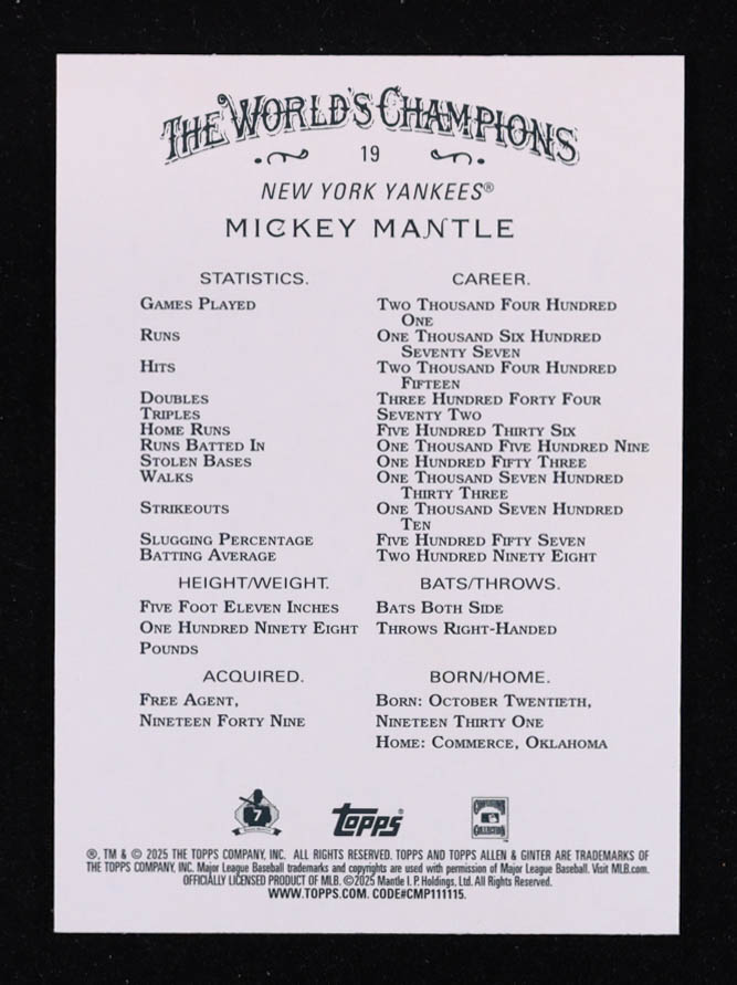 Mickey Mantle 2025 Topps Allen and Ginter Silver Portrait #19 at PristineAuction.com Mickey Mantle 2025 Topps Allen and Ginter Silver Portrait #19 at PristineAuction.com