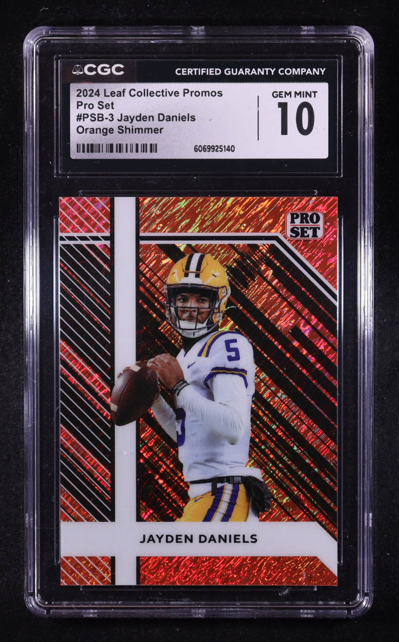 Jayden Daniels 2024 Leaf Collective Promo Pro Set Shimmer Orange #PSB3 #45/299 (CGC 10) at PristineAuction.com Jayden Daniels 2024 Leaf Collective Promo Pro Set Shimmer Orange #PSB3 #45/299 (CGC 10) at PristineAuction.com
