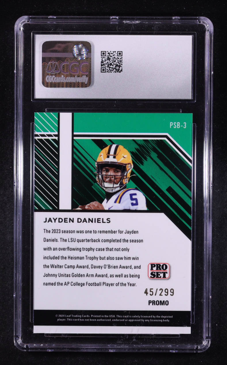 Jayden Daniels 2024 Leaf Collective Promo Pro Set Shimmer Orange #PSB3 #45/299 (CGC 10) at PristineAuction.com Jayden Daniels 2024 Leaf Collective Promo Pro Set Shimmer Orange #PSB3 #45/299 (CGC 10) at PristineAuction.com