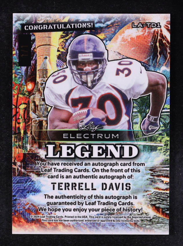 Terrell Davis 2024 Leaf Electrum Legend Autographs Pink Sparkle #LATD1 #1/1 at PristineAuction.com Terrell Davis 2024 Leaf Electrum Legend Autographs Pink Sparkle #LATD1 #1/1 at PristineAuction.com