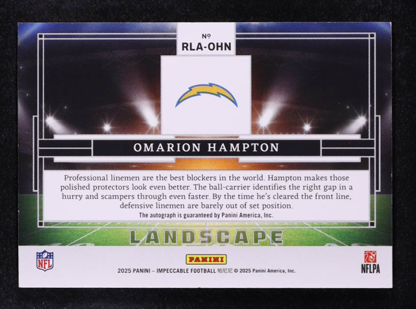 Omarion Hampton 2025 Panini Impeccable Rookie Landscape Autographs #16 #95/99 RC at PristineAuction.com Omarion Hampton 2025 Panini Impeccable Rookie Landscape Autographs #16 #95/99 RC at PristineAuction.com