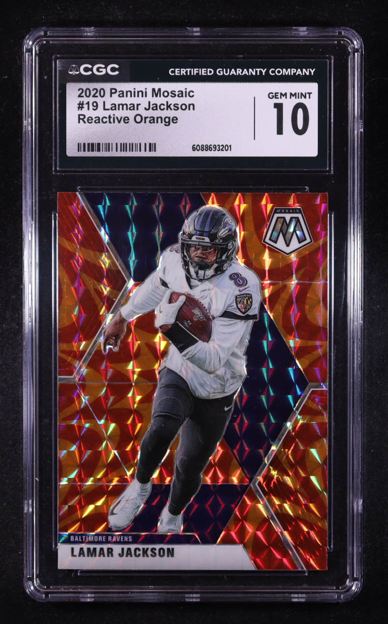 Lamar Jackson 2020 Panini Mosaic Mosaic Reactive Orange #19 (CGC 10) at PristineAuction.com Lamar Jackson 2020 Panini Mosaic Mosaic Reactive Orange #19 (CGC 10) at PristineAuction.com