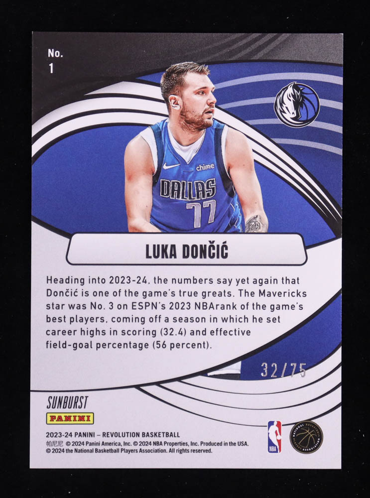 Luka Doncic 2023-24 Panini Revolution Supernova Sunburst #1 #32/75 at PristineAuction.com Luka Doncic 2023-24 Panini Revolution Supernova Sunburst #1 #32/75 at PristineAuction.com