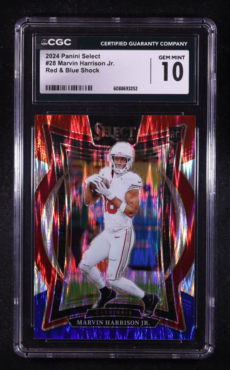 Marvin Harrison Jr. 2024 Select Prizm Red and Blue Shock #28 RC (CGC 10) at PristineAuction.com Marvin Harrison Jr. 2024 Select Prizm Red and Blue Shock #28 RC (CGC 10) at PristineAuction.com