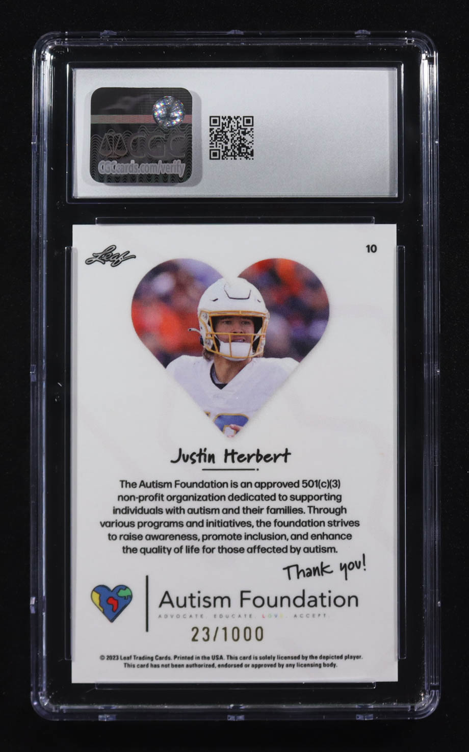 Justin Herbert 2023 Leaf x Autism Foundation #10 #0023/1000 (CGC 9.5) at PristineAuction.com Justin Herbert 2023 Leaf x Autism Foundation #10 #0023/1000 (CGC 9.5) at PristineAuction.com