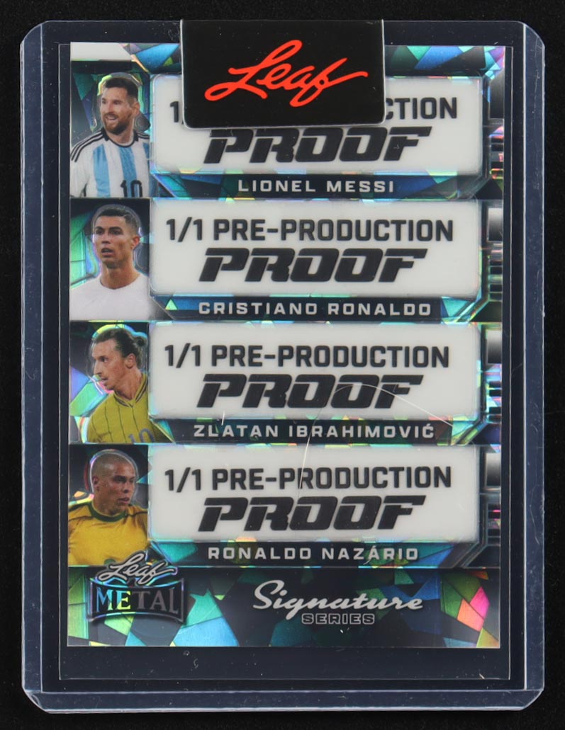 Lionel Messi / Cristiano Ronaldo / Zlatan Ibrahimovic / Ronaldo Nazario 2024 Leaf Metal Signature Series Silver Crystal #1/1 Pre-Production Proof at PristineAuction.com Lionel Messi / Cristiano Ronaldo / Zlatan Ibrahimovic / Ronaldo Nazario 2024 Leaf Metal Signature Series Silver Crystal #1/1 Pre-Production Proof at PristineAuction.com