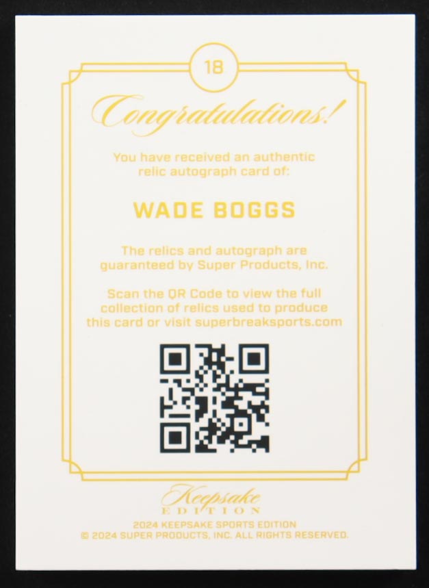 Wade Boggs 2024 Keepsake Edition Gem Patch Autograph #18 #37/75 at PristineAuction.com Wade Boggs 2024 Keepsake Edition Gem Patch Autograph #18 #37/75 at PristineAuction.com
