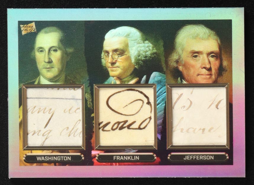 George Washington / Benjamin Franklin / Thomas Jefferson 2023 Pieces of the Past Presidential Edition Triple Relic #114 Holo at PristineAuction.com George Washington / Benjamin Franklin / Thomas Jefferson 2023 Pieces of the Past Presidential Edition Triple Relic #114 Holo at PristineAuction.com