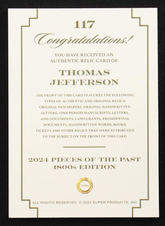 Thomas Jefferson 2024 Pieces of the Past 1800s Edition Relic #173 Holo at PristineAuction.com Thomas Jefferson 2024 Pieces of the Past 1800s Edition Relic #173 Holo at PristineAuction.com