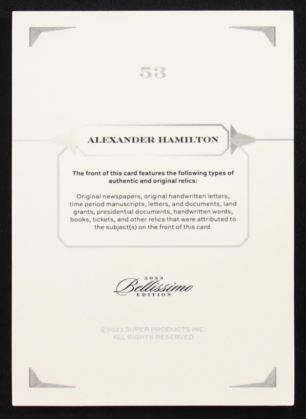 Alexander Hamilton 2023 Bellissimo Edition Relic #53 #42/50 Holo at PristineAuction.com Alexander Hamilton 2023 Bellissimo Edition Relic #53 #42/50 Holo at PristineAuction.com