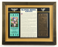 Super Bowl XXXVI Commemorative Score Card with 23KT Gold Ticket Framed Display at PristineAuction.com