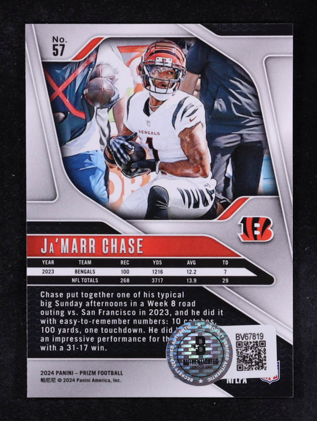 Ja'Marr Chase Signed 2024 Panini Prizm #57 (Beckett) at PristineAuction.com Ja'Marr Chase Signed 2024 Panini Prizm #57 (Beckett) at PristineAuction.com