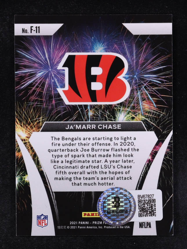 Ja'Marr Chase Signed 2021 Panini Prizm Fireworks #11 RC (Beckett) at PristineAuction.com Ja'Marr Chase Signed 2021 Panini Prizm Fireworks #11 RC (Beckett) at PristineAuction.com