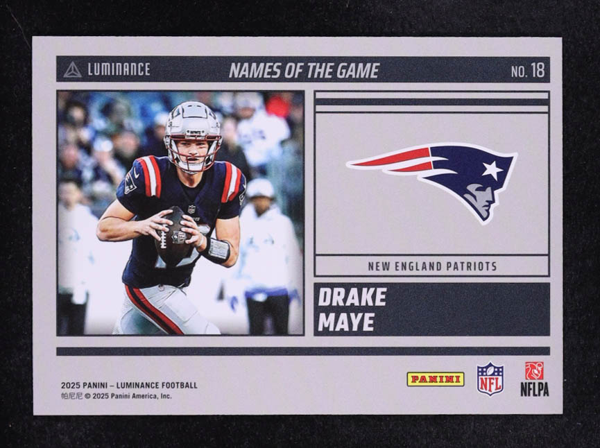 Drake Maye 2024 Panini Luminance Names of the Game #18 RC at PristineAuction.com Drake Maye 2024 Panini Luminance Names of the Game #18 RC at PristineAuction.com