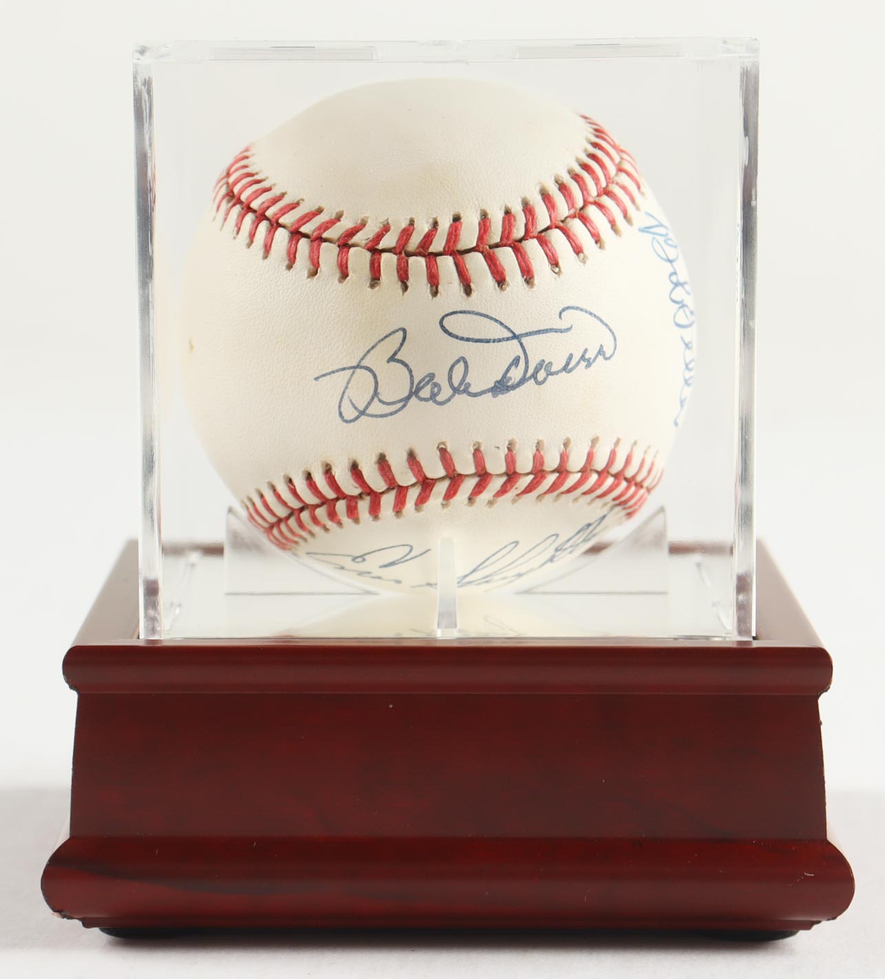 Hall of Famers ONL Baseball Signed by (5) with Bob Feller, Billy Williams, Enos Slaughter, Johnny Mize with Wood Display Case (PSA) at PristineAuction.com Hall of Famers ONL Baseball Signed by (5) with Bob Feller, Billy Williams, Enos Slaughter, Johnny Mize with Wood Display Case (PSA) at PristineAuction.com