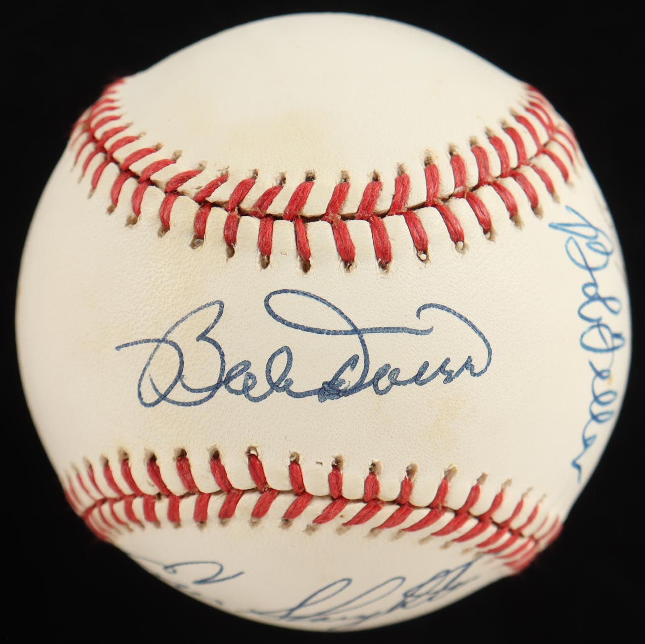 Hall of Famers ONL Baseball Signed by (5) with Bob Feller, Billy Williams, Enos Slaughter, Johnny Mize with Wood Display Case (PSA) at PristineAuction.com Hall of Famers ONL Baseball Signed by (5) with Bob Feller, Billy Williams, Enos Slaughter, Johnny Mize with Wood Display Case (PSA) at PristineAuction.com