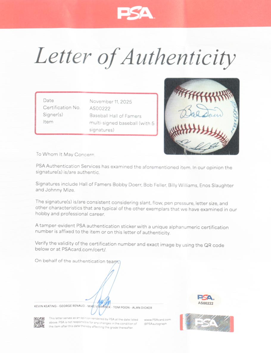 Hall of Famers ONL Baseball Signed by (5) with Bob Feller, Billy Williams, Enos Slaughter, Johnny Mize with Wood Display Case (PSA) at PristineAuction.com Hall of Famers ONL Baseball Signed by (5) with Bob Feller, Billy Williams, Enos Slaughter, Johnny Mize with Wood Display Case (PSA) at PristineAuction.com