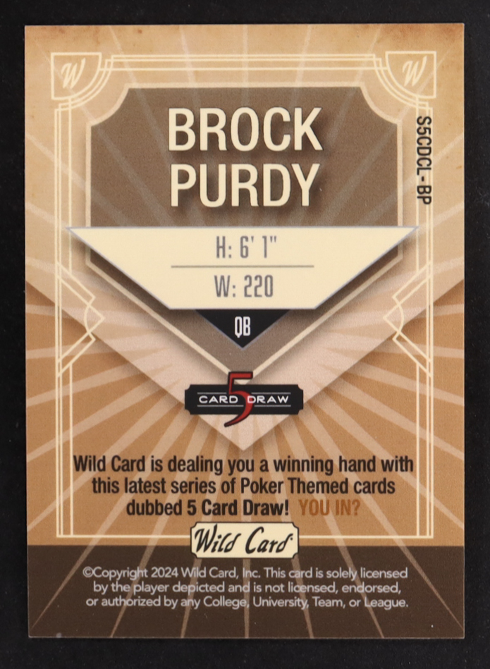 Brock Purdy 2024 Wild Card 5 Card Draw Classic Silver #S5CDCL-BP #1/3 at PristineAuction.com Brock Purdy 2024 Wild Card 5 Card Draw Classic Silver #S5CDCL-BP #1/3 at PristineAuction.com