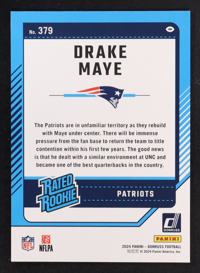 Drake Maye 2024 Donruss Press Proof Green #379 RR RC at PristineAuction.com Drake Maye 2024 Donruss Press Proof Green #379 RR RC at PristineAuction.com