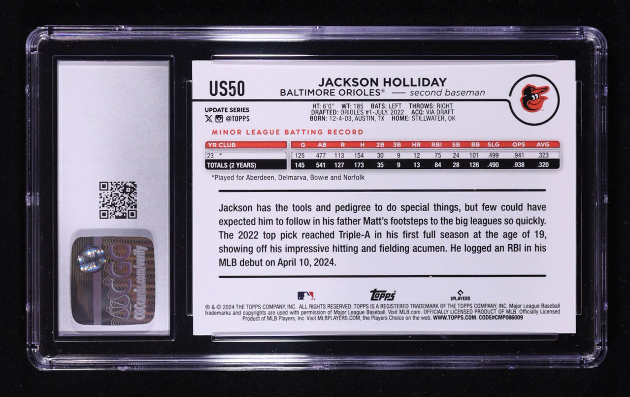 Jackson Holliday 2024 Topps Update #US50 RC (CGC 10) at PristineAuction.com Jackson Holliday 2024 Topps Update #US50 RC (CGC 10) at PristineAuction.com